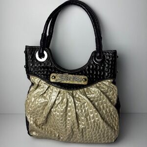 Guess Vintage Y2K Brown Embossed Crocodile Trim Fabric Satchel Shoulder Bag